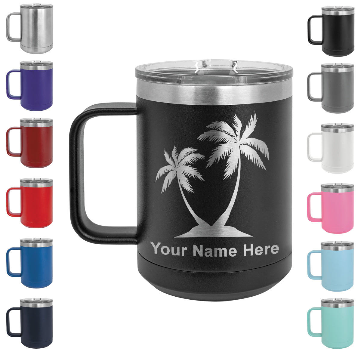 15oz Vacuum Insulated Coffee Mug, Palm Trees, Personalized Engraving Included