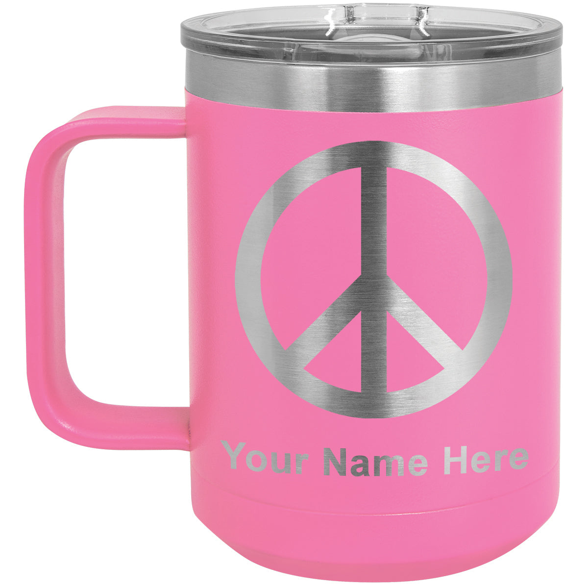 15oz Vacuum Insulated Coffee Mug, Peace Sign, Personalized Engraving Included