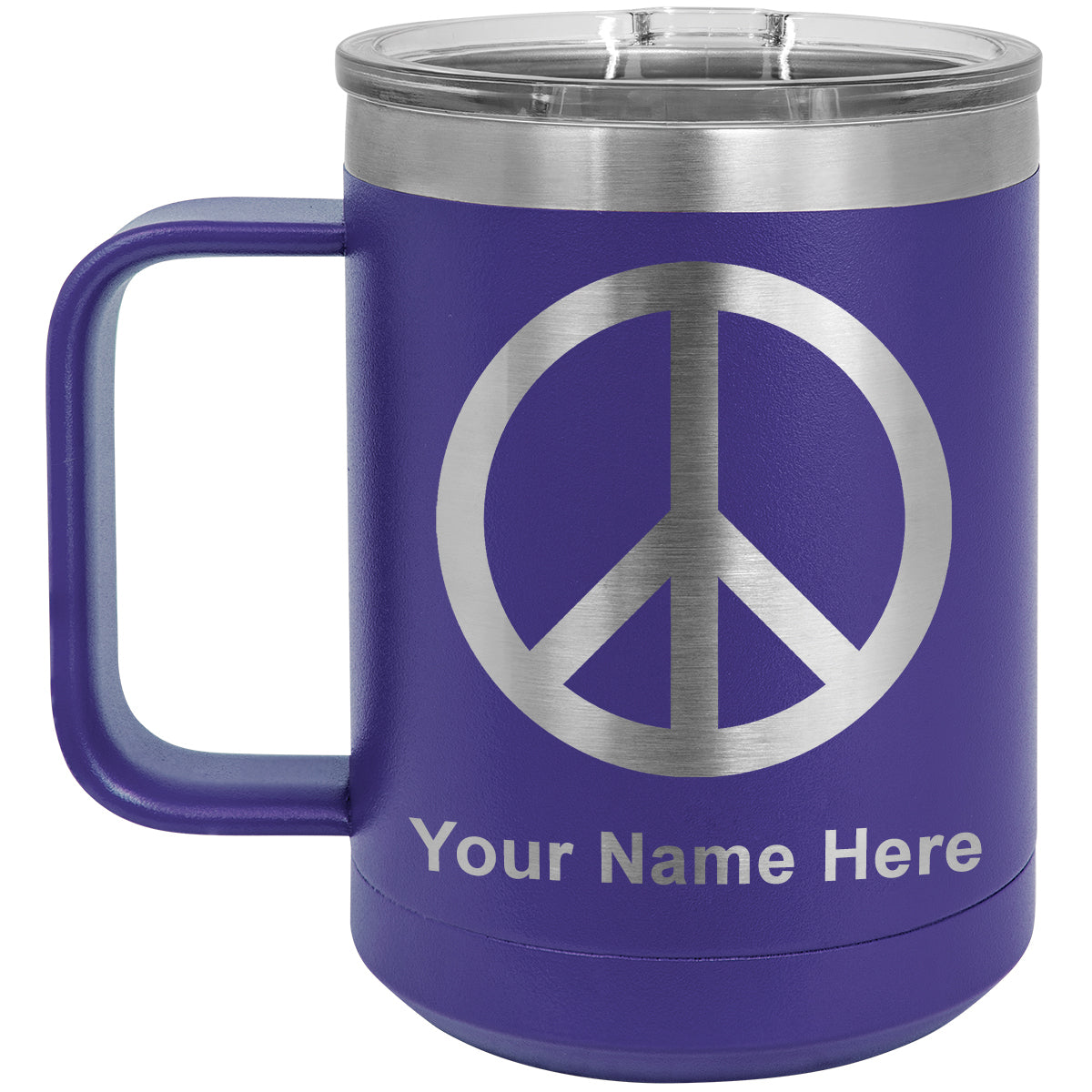 15oz Vacuum Insulated Coffee Mug, Peace Sign, Personalized Engraving Included