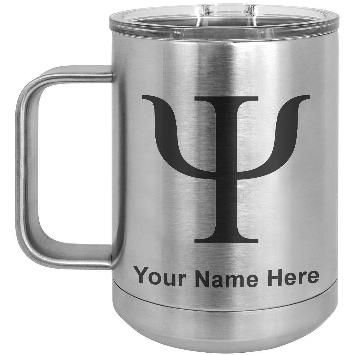 15oz Vacuum Insulated Coffee Mug, Psi Symbol, Personalized Engraving Included