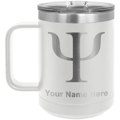 15oz Vacuum Insulated Coffee Mug, Psi Symbol, Personalized Engraving Included