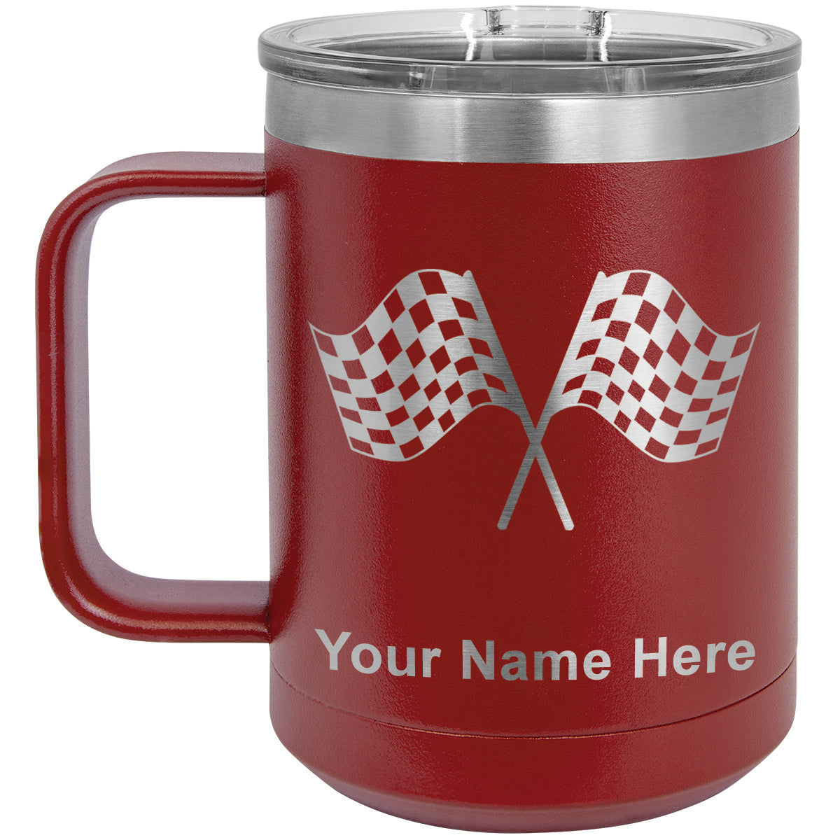 15oz Vacuum Insulated Coffee Mug, Racing Flags, Personalized Engraving Included
