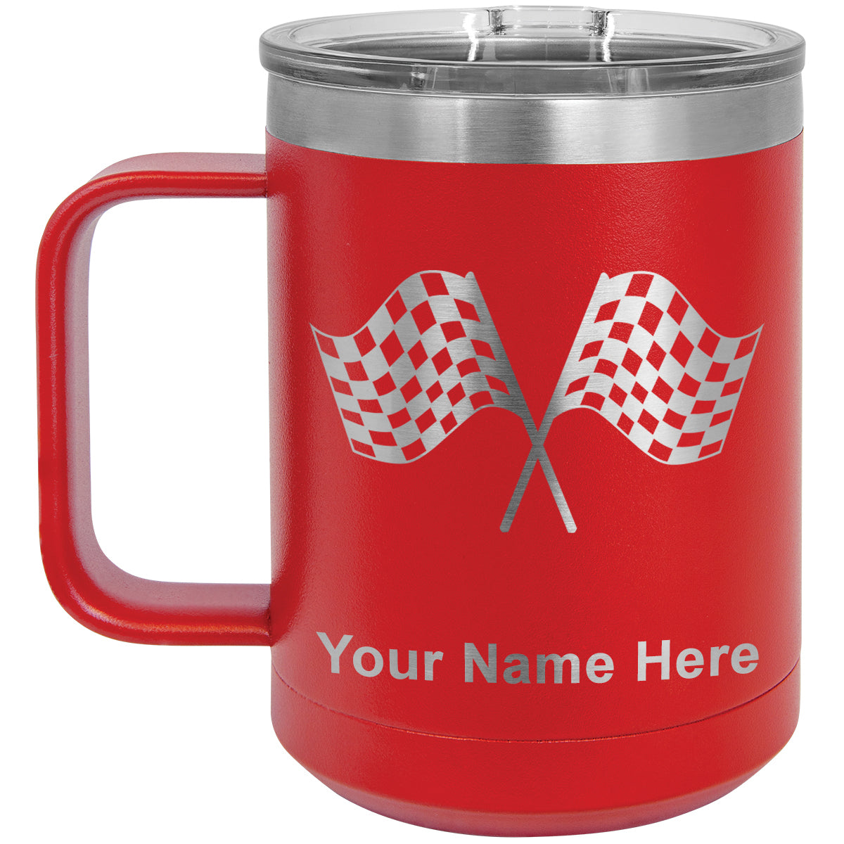 15oz Vacuum Insulated Coffee Mug, Racing Flags, Personalized Engraving Included