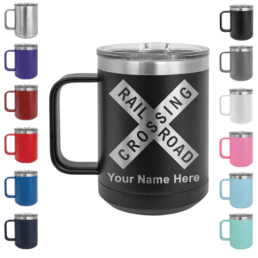 15oz Vacuum Insulated Coffee Mug, Railroad Crossing Sign 1, Personalized Engraving Included