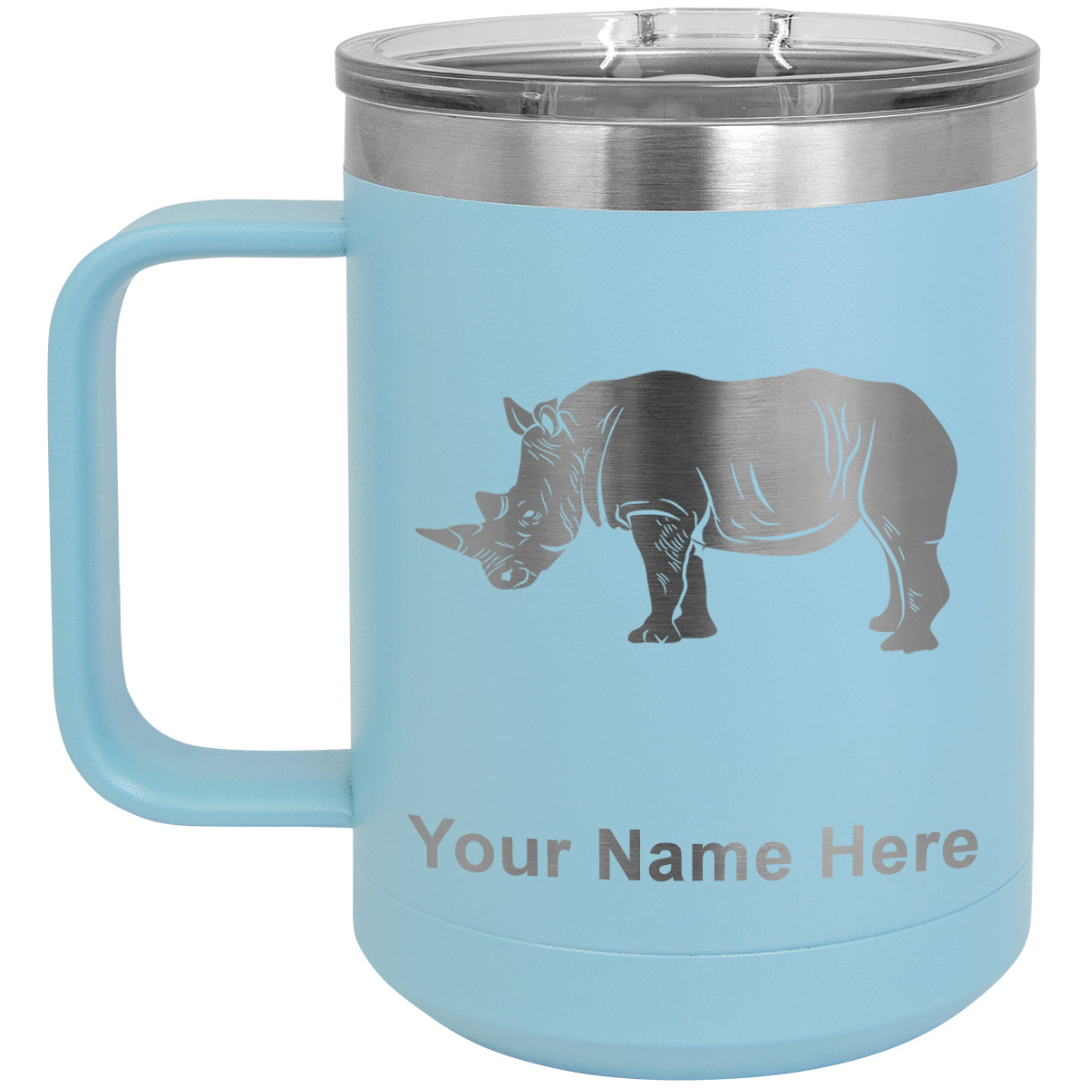 15oz Vacuum Insulated Coffee Mug, Rhinoceros, Personalized Engraving Included