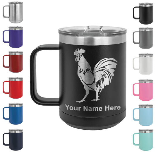 15oz Vacuum Insulated Coffee Mug, Rooster, Personalized Engraving Included