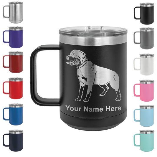 15oz Vacuum Insulated Coffee Mug, Rottweiler Dog, Personalized Engraving Included