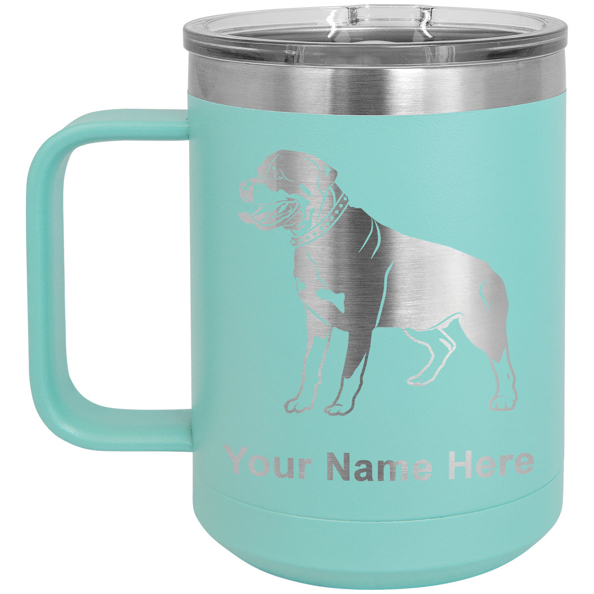15oz Vacuum Insulated Coffee Mug, Rottweiler Dog, Personalized Engraving Included
