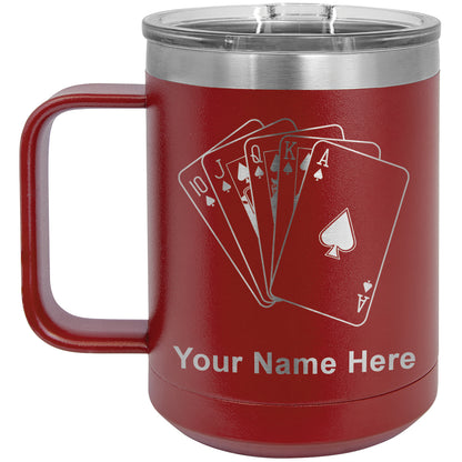 15oz Vacuum Insulated Coffee Mug, Royal Flush Poker Cards, Personalized Engraving Included