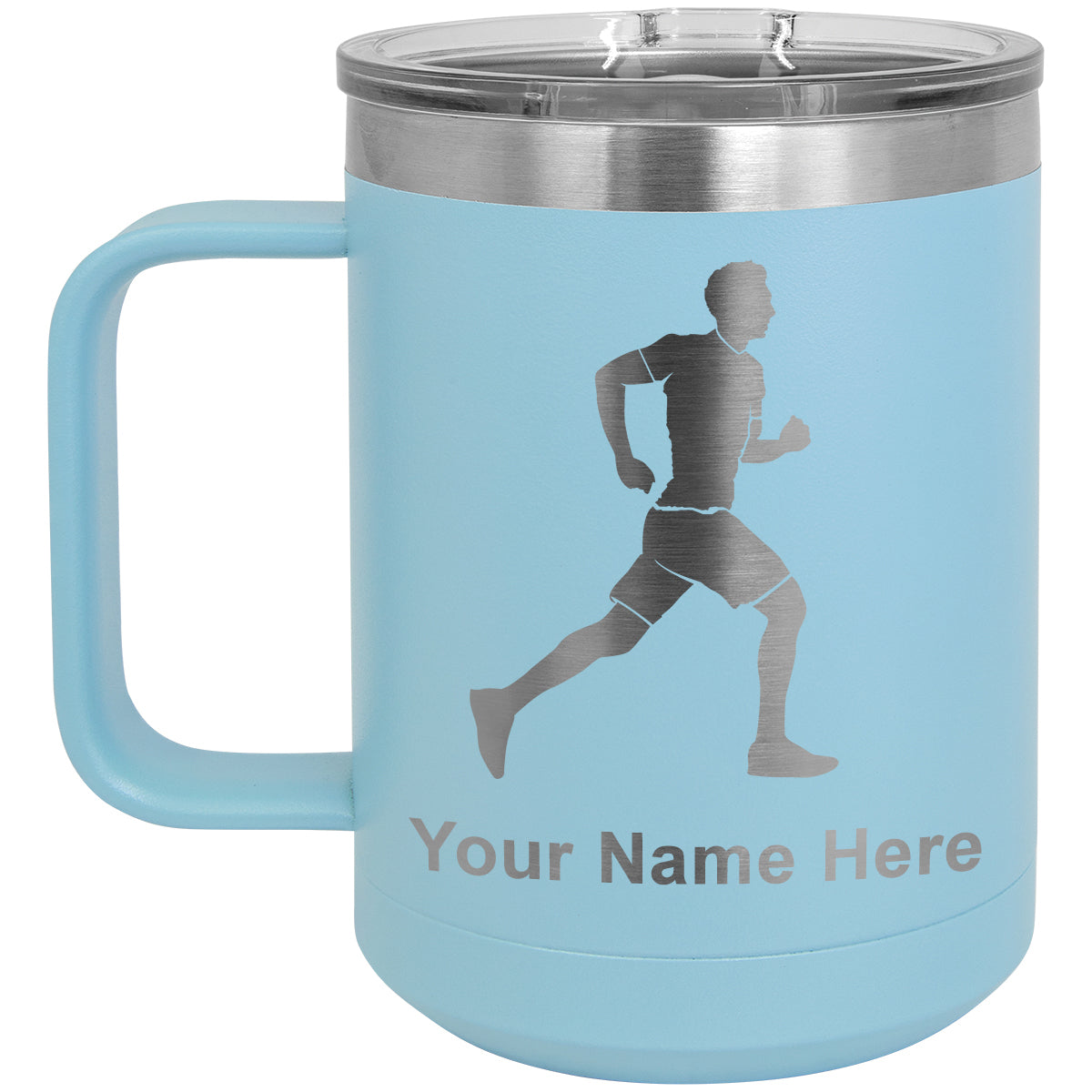 15oz Vacuum Insulated Coffee Mug, Running Man, Personalized Engraving Included