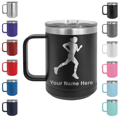 15oz Vacuum Insulated Coffee Mug, Running Woman, Personalized Engraving Included