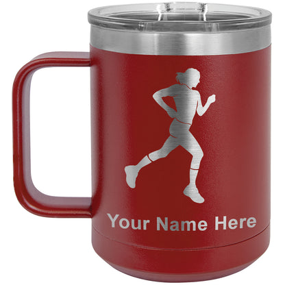 15oz Vacuum Insulated Coffee Mug, Running Woman, Personalized Engraving Included