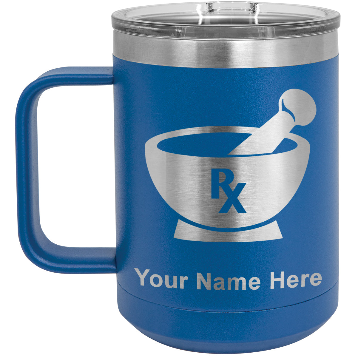 15oz Vacuum Insulated Coffee Mug, Rx Pharmacy Symbol, Personalized Engraving Included