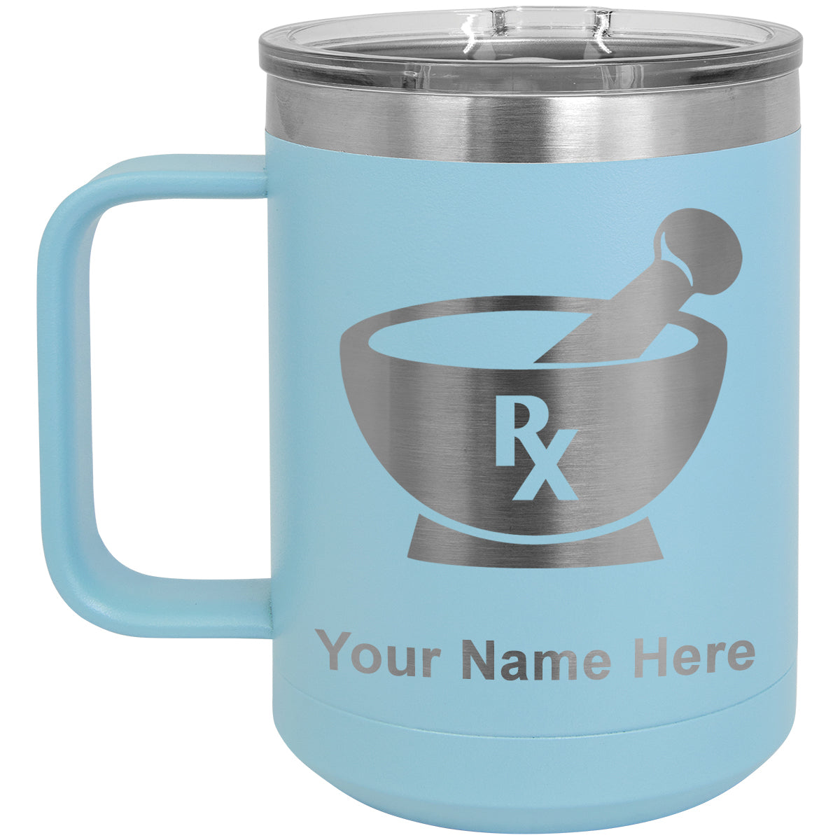 15oz Vacuum Insulated Coffee Mug, Rx Pharmacy Symbol, Personalized Engraving Included