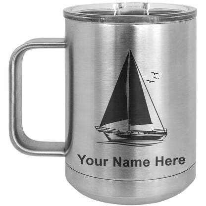 15oz Vacuum Insulated Coffee Mug, Sailboat, Personalized Engraving Included