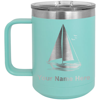 15oz Vacuum Insulated Coffee Mug, Sailboat, Personalized Engraving Included