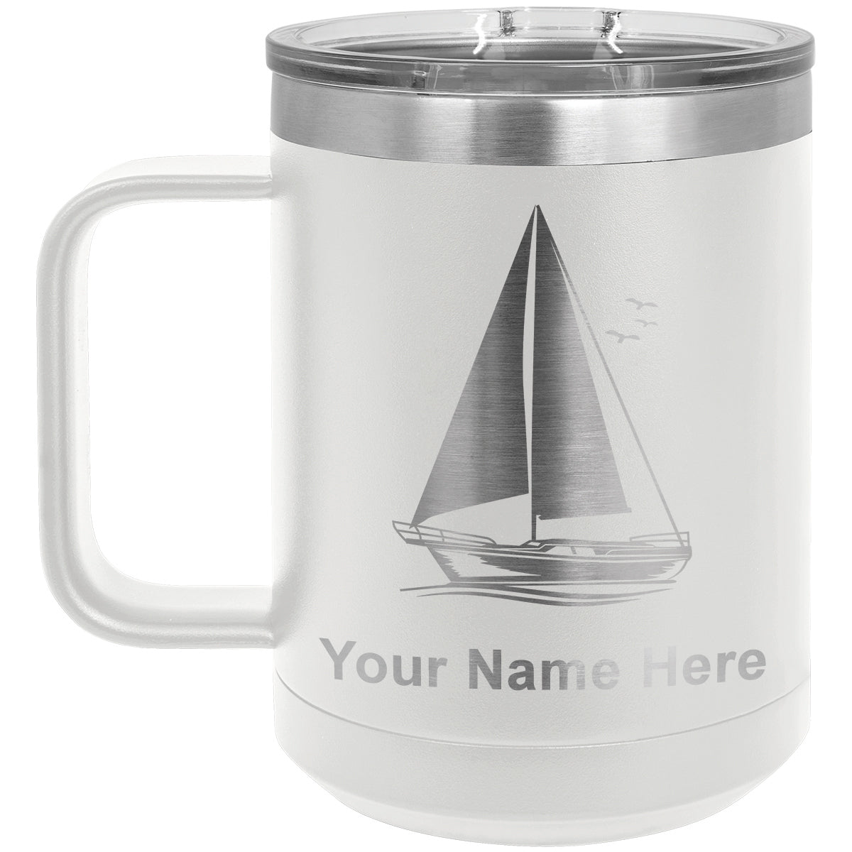 15oz Vacuum Insulated Coffee Mug, Sailboat, Personalized Engraving Included