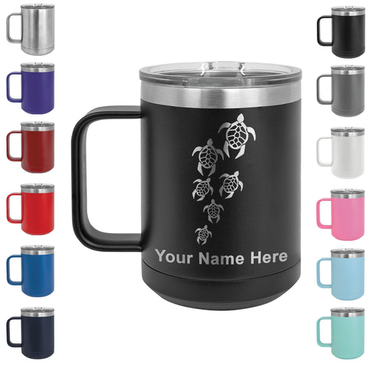15oz Vacuum Insulated Coffee Mug, Sea Turtle Family, Personalized Engraving Included