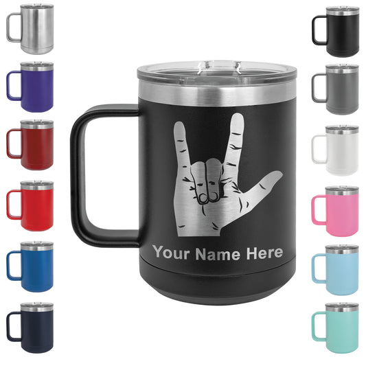 15oz Vacuum Insulated Coffee Mug, Sign Language I Love You, Personalized Engraving Included