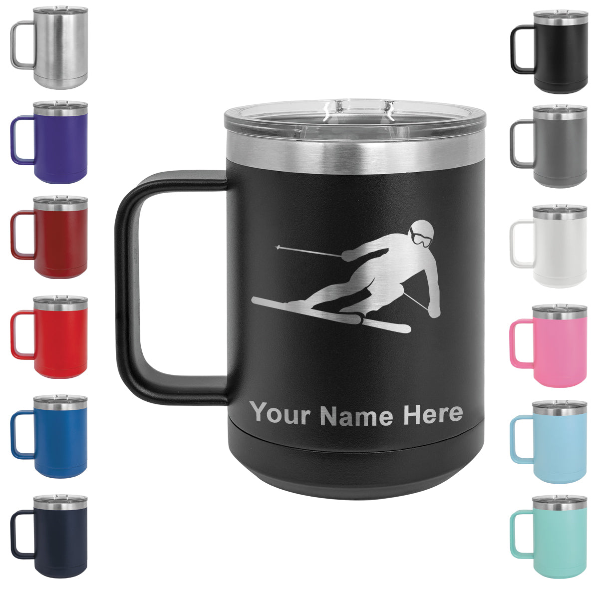15oz Vacuum Insulated Coffee Mug, Skier Downhill, Personalized Engraving Included