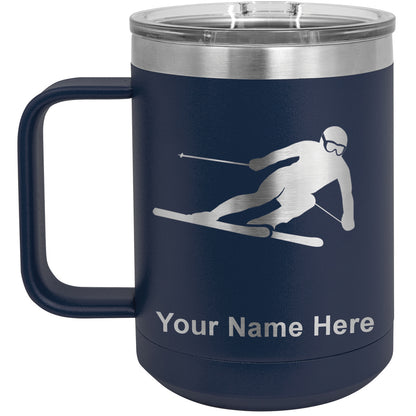 15oz Vacuum Insulated Coffee Mug, Skier Downhill, Personalized Engraving Included