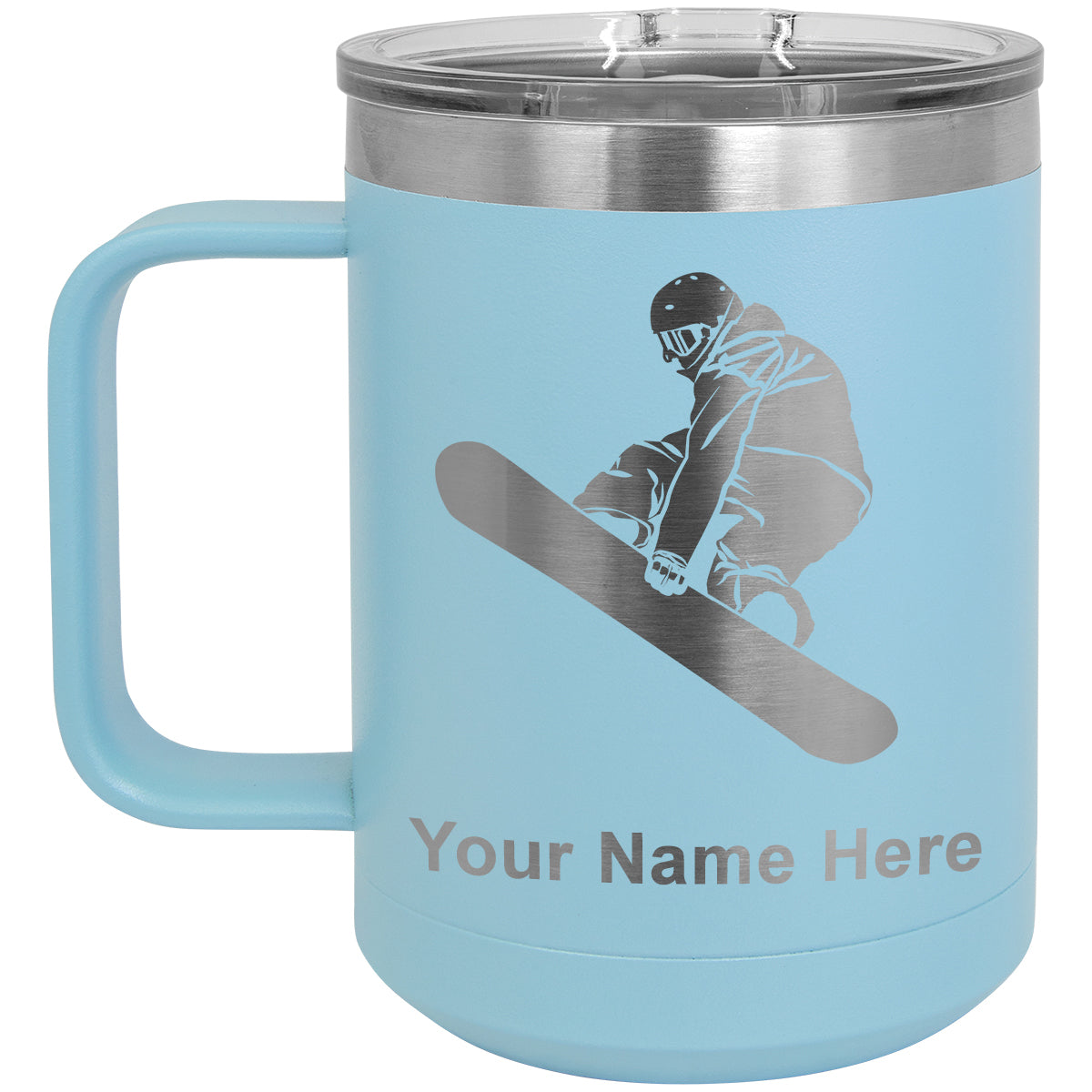 15oz Vacuum Insulated Coffee Mug, Snowboarder Man, Personalized Engraving Included