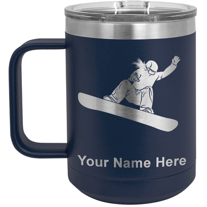 15oz Vacuum Insulated Coffee Mug, Snowboarder Woman, Personalized Engraving Included