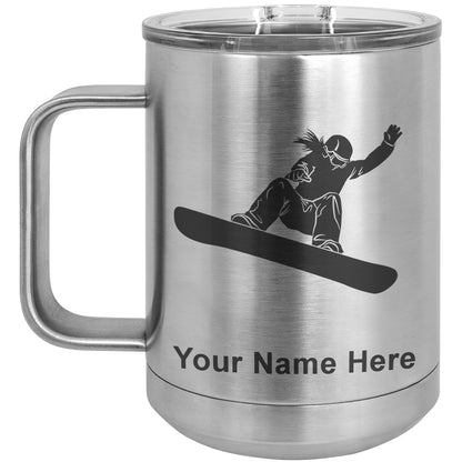 15oz Vacuum Insulated Coffee Mug, Snowboarder Woman, Personalized Engraving Included