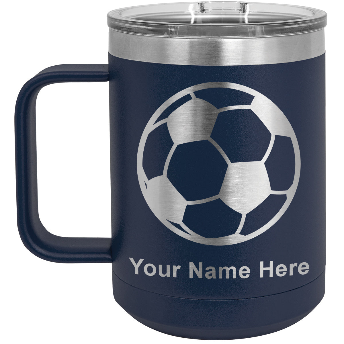 15oz Vacuum Insulated Coffee Mug, Soccer Ball, Personalized Engraving Included