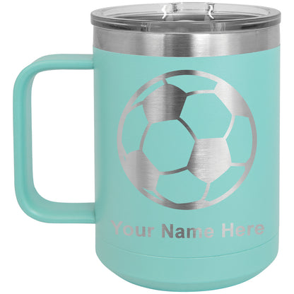 15oz Vacuum Insulated Coffee Mug, Soccer Ball, Personalized Engraving Included