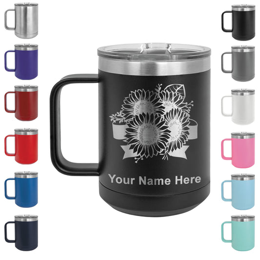 15oz Vacuum Insulated Coffee Mug, Sunflowers, Personalized Engraving Included
