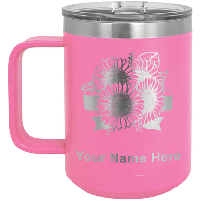 15oz Vacuum Insulated Coffee Mug, Sunflowers, Personalized Engraving Included