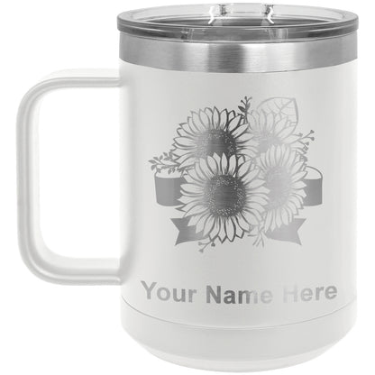 15oz Vacuum Insulated Coffee Mug, Sunflowers, Personalized Engraving Included