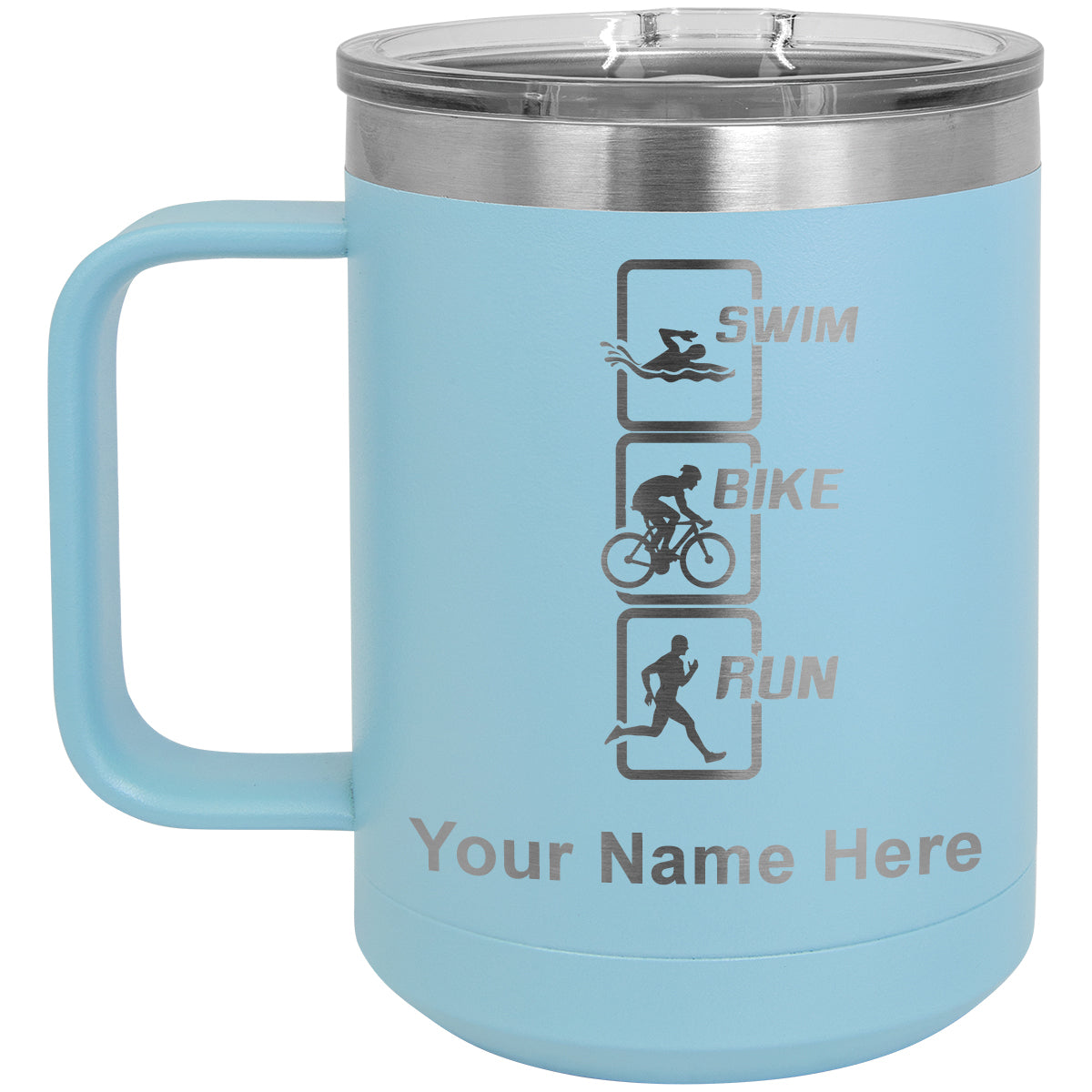 15oz Vacuum Insulated Coffee Mug, Swim Bike Run Vertical, Personalized Engraving Included