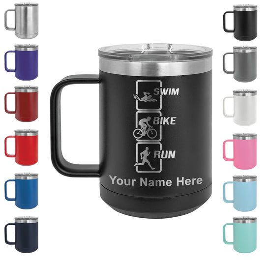 15oz Vacuum Insulated Coffee Mug, Swim Bike Run Vertical, Personalized Engraving Included