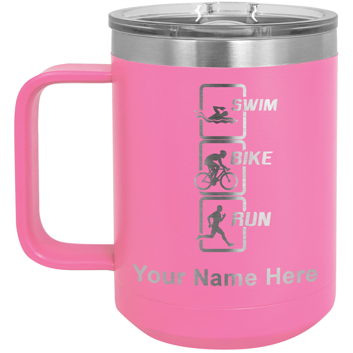 15oz Vacuum Insulated Coffee Mug, Swim Bike Run Vertical, Personalized Engraving Included