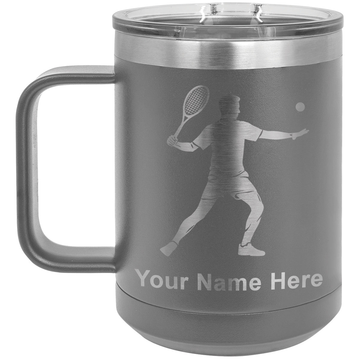 15oz Vacuum Insulated Coffee Mug, Tennis Player Man, Personalized Engraving Included