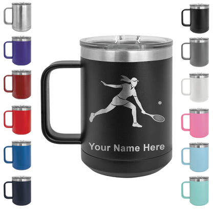 15oz Vacuum Insulated Coffee Mug, Tennis Player Woman, Personalized Engraving Included