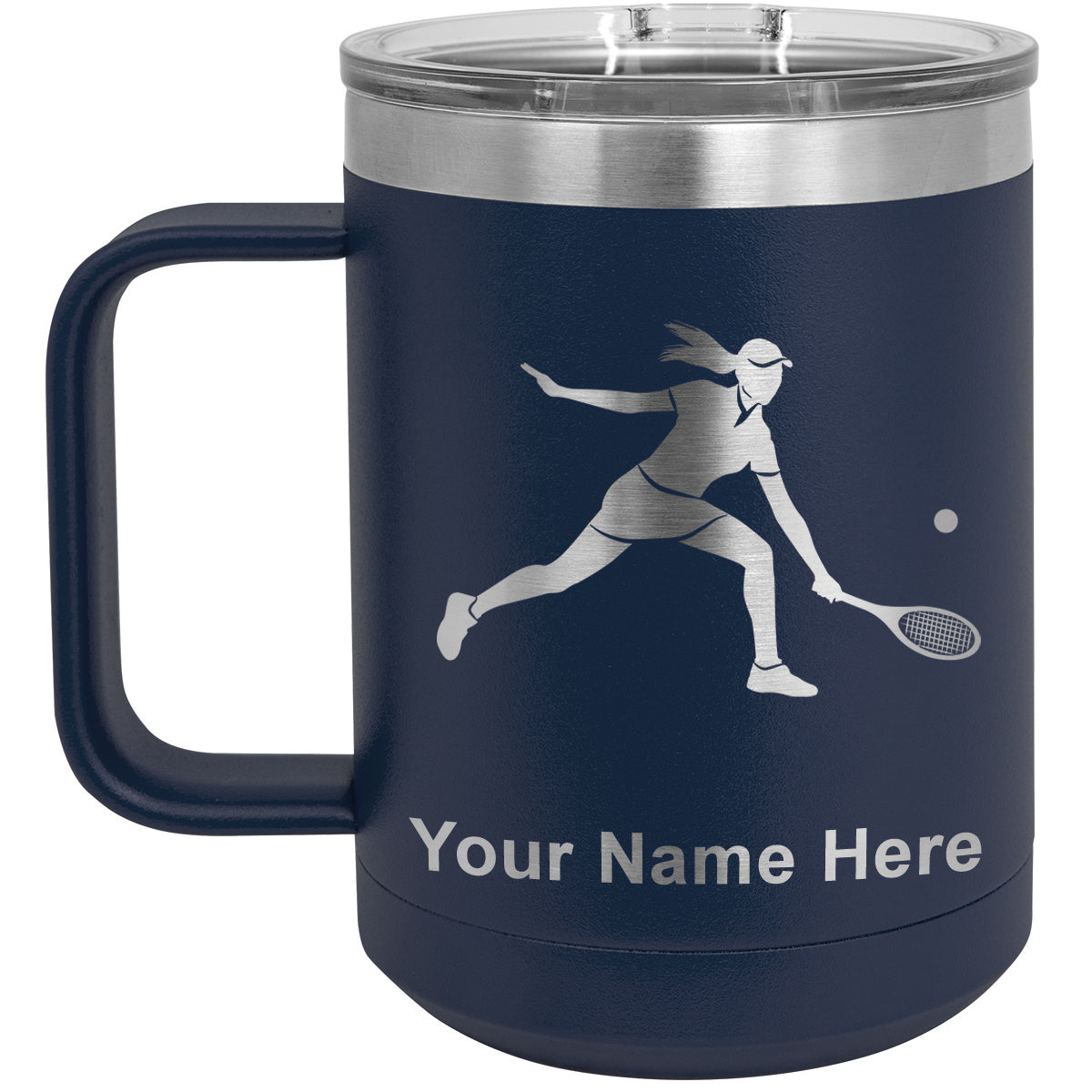 15oz Vacuum Insulated Coffee Mug, Tennis Player Woman, Personalized Engraving Included