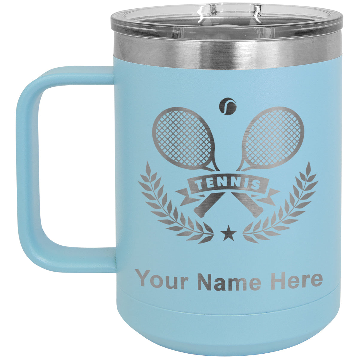 15oz Vacuum Insulated Coffee Mug, Tennis Rackets, Personalized Engraving Included