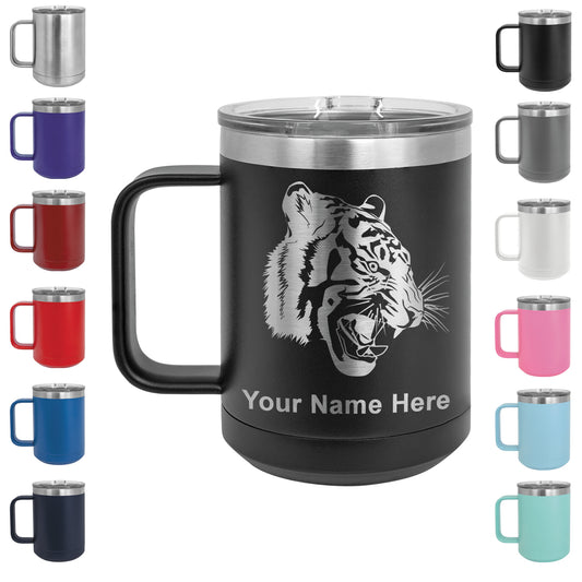15oz Vacuum Insulated Coffee Mug, Tiger Head, Personalized Engraving Included