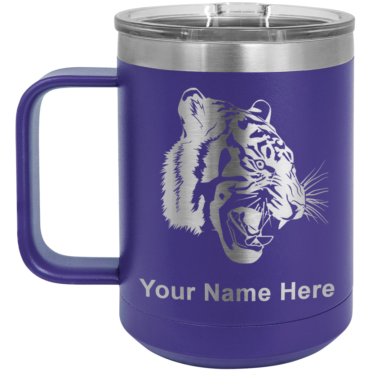 15oz Vacuum Insulated Coffee Mug, Tiger Head, Personalized Engraving Included