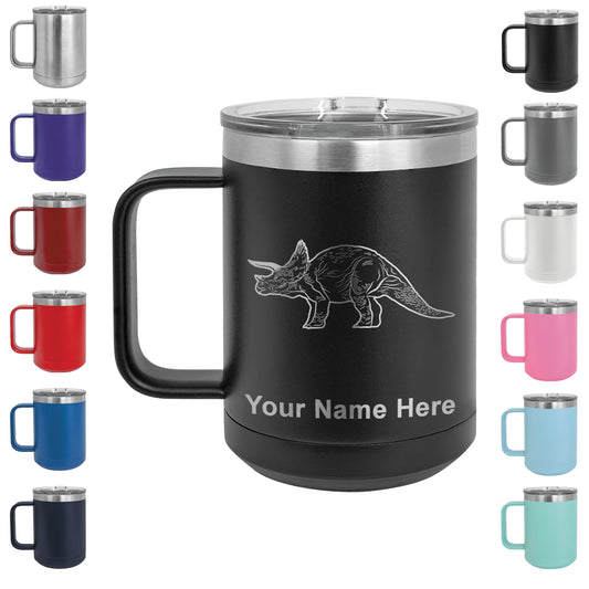 15oz Vacuum Insulated Coffee Mug, Triceratops Dinosaur, Personalized Engraving Included