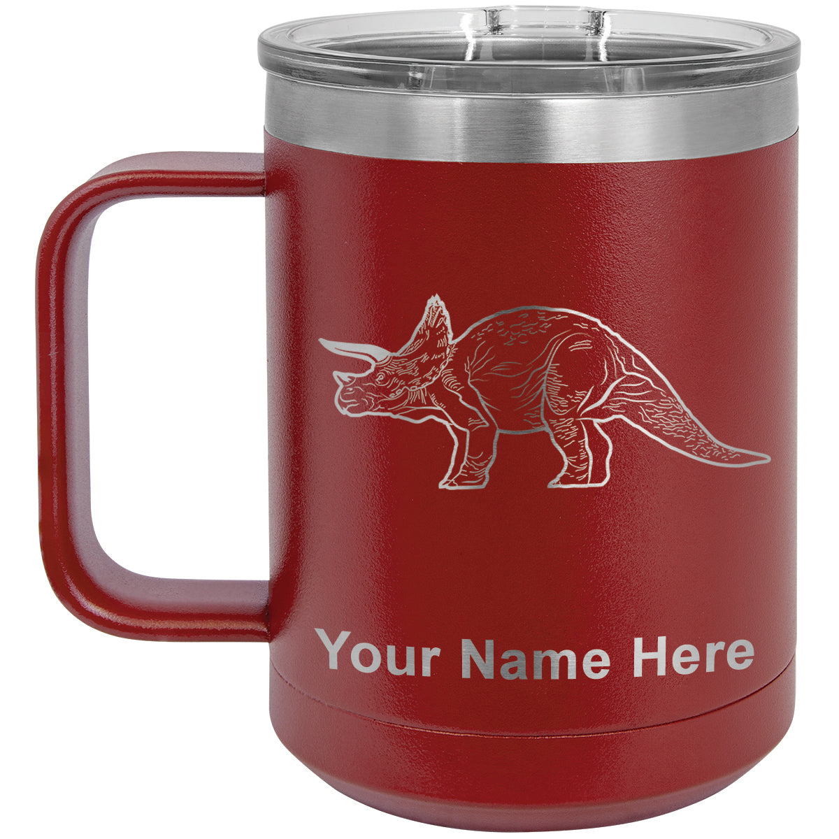 15oz Vacuum Insulated Coffee Mug, Triceratops Dinosaur, Personalized Engraving Included
