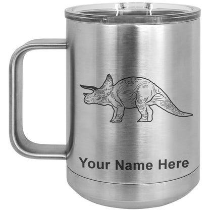 15oz Vacuum Insulated Coffee Mug, Triceratops Dinosaur, Personalized Engraving Included