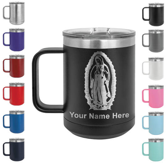 15oz Vacuum Insulated Coffee Mug, Virgen de Guadalupe, Personalized Engraving Included