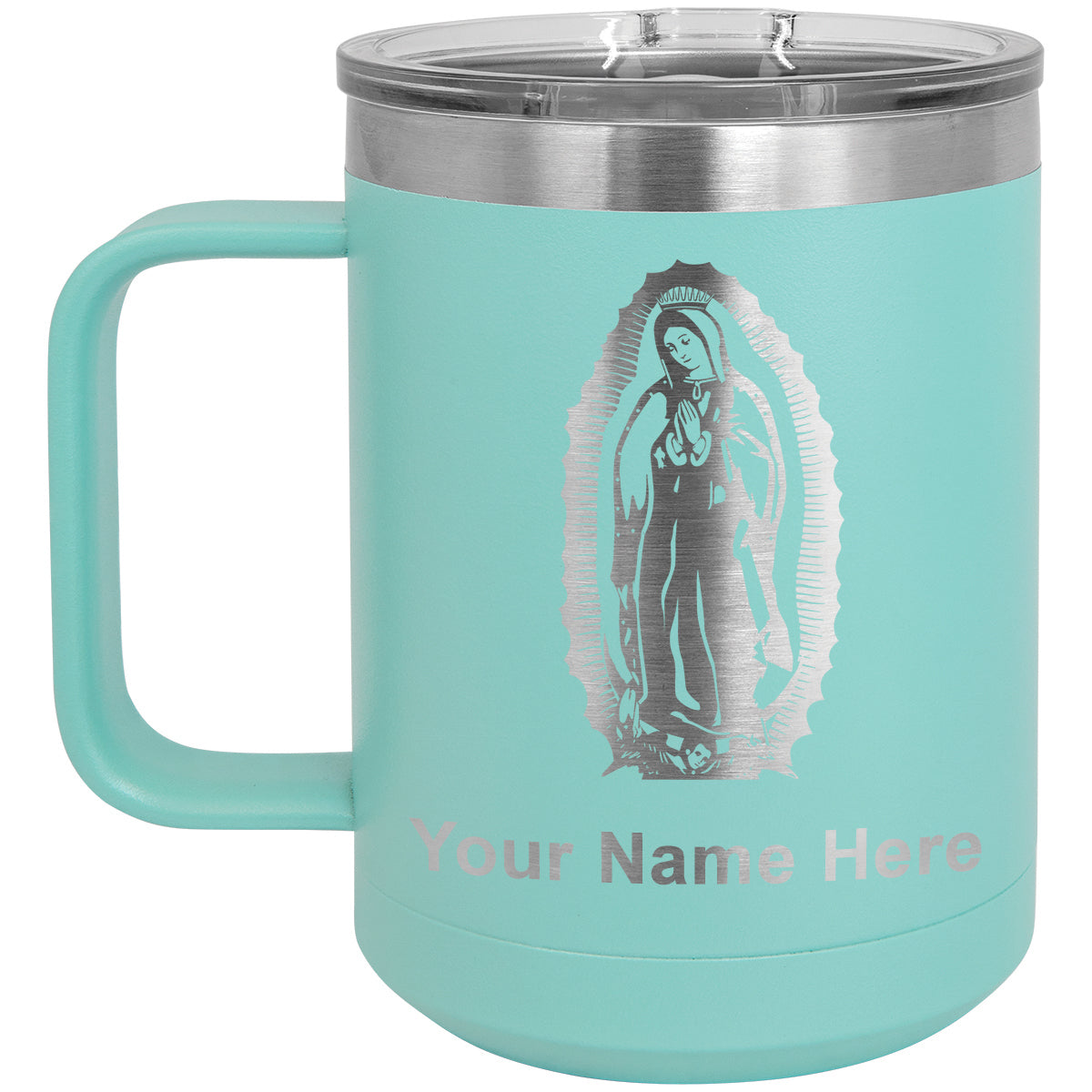 15oz Vacuum Insulated Coffee Mug, Virgen de Guadalupe, Personalized Engraving Included