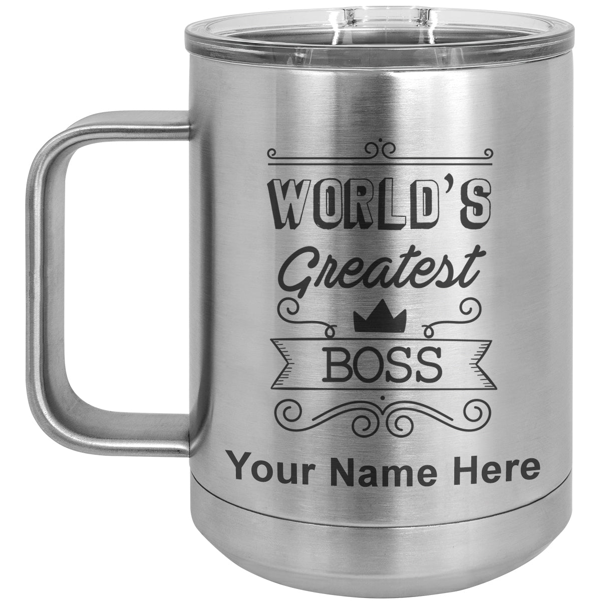 15oz Vacuum Insulated Coffee Mug, World's Greatest Boss, Personalized Engraving Included