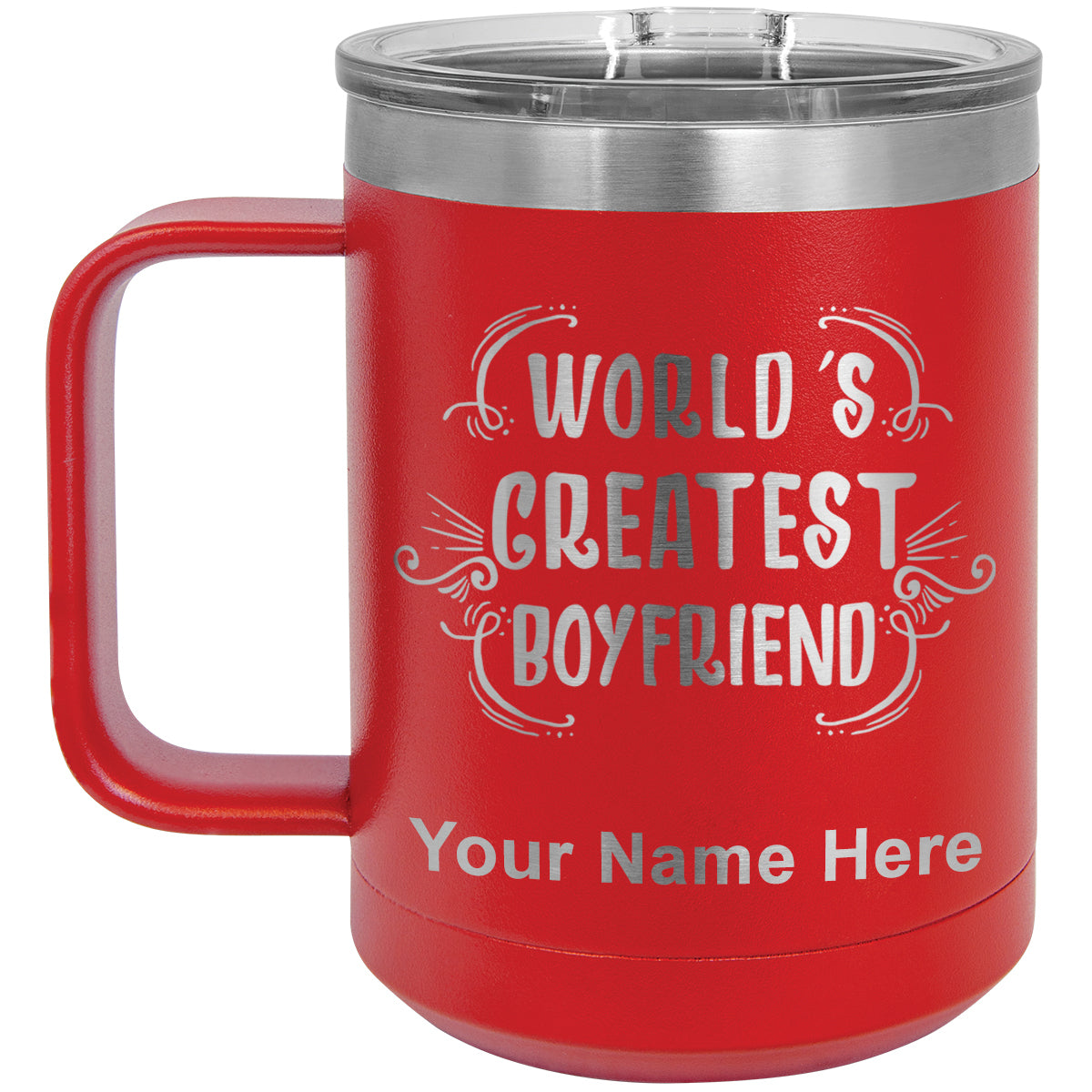 15oz Vacuum Insulated Coffee Mug, World's Greatest Boyfriend, Personalized Engraving Included