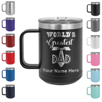 15oz Vacuum Insulated Coffee Mug, World's Greatest Dad, Personalized Engraving Included